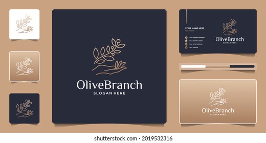 Luxury line combine hand and flower branch with business card for beauty, natural and organic products, cosmetics, spa and wellness, fashion.