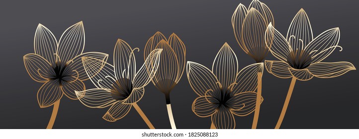Luxury line flower background vector with golden metallic decorate