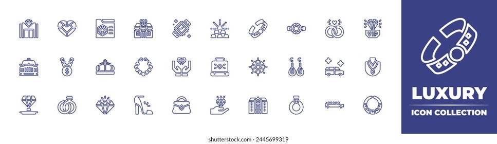 Luxury line icon collection. Editable stroke. Vector illustration. Containing diamond, handbag, mansion, necklace, taxi, crown, quality, high heel, engagement ring, value, diamond ring, earrings.