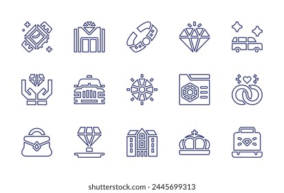 Luxury line icon set. Editable stroke. Vector illustration. Containing diamond, handbag, mansion, limousine, taxi, crown, quality, luxury shop, luxury, bracelet, marriage.