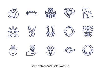 Luxury line icon set. Editable stroke. Vector illustration. Containing necklace, limousine, high heel, engagement ring, value, gem, jewelry, jewelry store, gold ingots, diamond ring, earrings, ring.