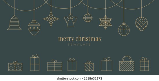 Luxury line Merry Christmas, New Year ball, star, bauble, toy, bell, gift box. Simple golden outline vector Christmas sale banner, wallpaper, poster template.