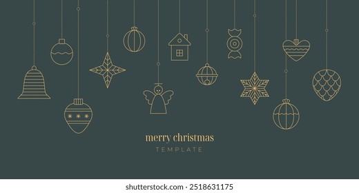 Luxury line Merry Christmas, New Year ball, star, bauble, toy, bell. Simple golden outline vector design for card, invitation, banner, wallpaper, poster template.