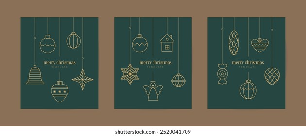 Luxury line Merry Christmas, New Year ball, star, bauble, toy, bell. Simple golden outline vector design for card, invitation, banner, wallpaper, poster template set.