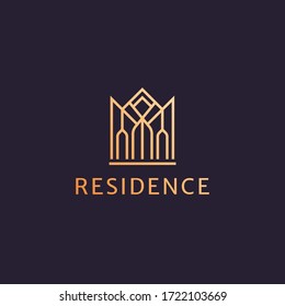 Luxury line residential, hotel, apartment logo. Elegant real estate, villa, mansion, palace, house logo. Art Deco rich premium property icon with decorative golden ornament.