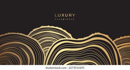 Luxury linear golden hills. Abstract landscape with field or meadow. Minimalist wall art. Line art background design. Linear mound with striped pattern. Vector illustration. Gold and black banner.