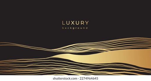 Luxury linear golden hills. Abstract landscape with field or meadow. Minimalist wall art. Line art background design. Linear mound with striped pattern. Vector illustration. Gold and black banner