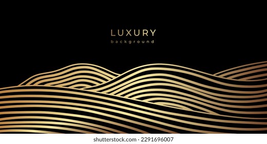 Luxury linear golden hills. Abstract landscape with field or meadow. Minimalist wall art. Line art background design. Linear mound with striped pattern. Vector illustration. Gold and black banner