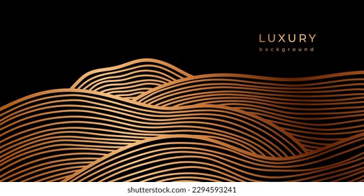 Luxury linear golden hills. Abstract landscape with field or meadow. Minimalist wall art. Line art background design. Linear mound with striped pattern. Vector illustration. Bronze and black banner