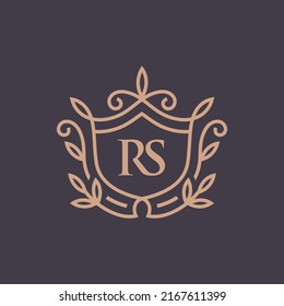 luxury linear shield with floral monogram letter RS logotype