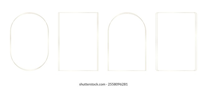 Luxury linear shining gold thin geometric frame collection. Rectangle, arch, oval elegant borders with decorative elements for awards, certificate, grand opening, greeting card, posters. Vector