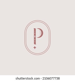 Luxury linear vector logo in a minimalistic style. Geometric logo with the letter P and stars. Template for esotericism, astrology, beauty industry, salon, jewelry.