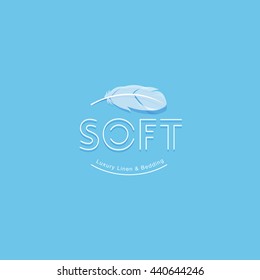 Luxury linens & bedding logo. White feather and thin letters, isolated on a blue background.  