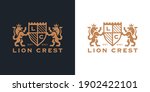 Luxury Lion crest heraldry logo. Elegant gold heraldic shield icon. Premium brand identity emblem. Royal coat of arms company label symbol. Modern vector illustration.