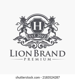 Luxury Lion Crest Heraldry Logo. Elegant Gold Heraldic Shield Icon. Premium Brand Identity Emblem. Royal Coat Of Arms Company Label Symbol. Modern Vector Illustration.