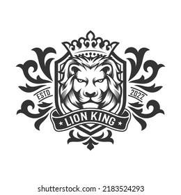 Luxury Lion crest heraldry logo. Elegant gold heraldic shield icon. Premium brand identity emblem. Royal coat of arms company label symbol. Modern vector illustration.