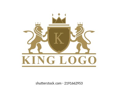 Luxury Lion crest heraldry logo. Elegant gold heraldic shield icon. Royal coat of arms company label symbol.