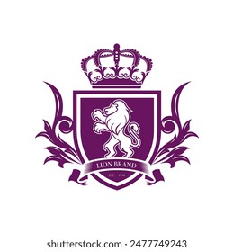 Luxury Lion crest heraldry logo. Elegant heraldic shield icon. Premium brand identity emblem. Royal coat of arms company label symbol. Modern vector illustration.