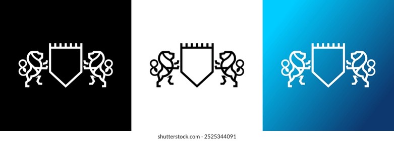 Logotipo de heráldica de la cresta del león de lujo. Elegante icono de escudo heráldico negro. Emblema de la identidad de la marca Premium. Símbolo de la etiqueta de la compañía del escudo de armas real. Ilustración vectorial moderna.