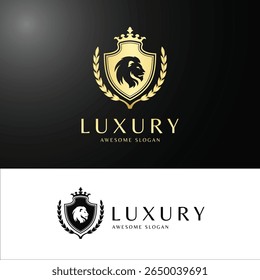 Luxury Lion Crest Logo with Golden Shield, Crown, and Laurel Wreath