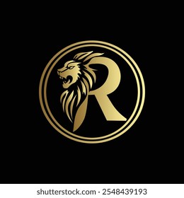 Luxury Lion Emblem Design with Golden Letter R for Premium Branding Identity
