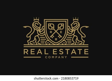 Logotipo de la propiedad inmobiliaria de lujo Lion. Elegante icono de escudo heráldico. emblema de identidad de la marca herálica real de época. Ilustración vectorial.