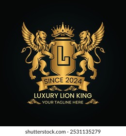 Plantilla de Vector de diseño de logotipo de rey león de lujo, Logotipo de heráldica de cresta de león de lujo, Elegante icono de escudo heráldico dorado, emblema de identidad de la marca Premium, Escudo real de la compañía de armas, ilustración