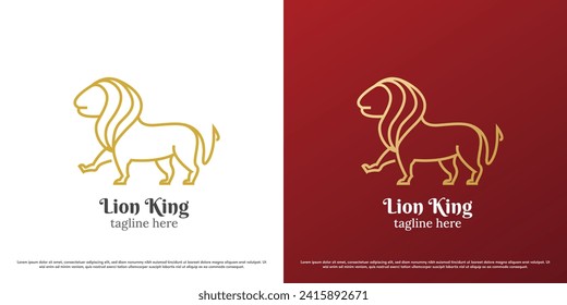 Dschungellion Logo-Design-Illustration. Line Silhouette des wilden Tierlionenkönigs des Dschungels wilde Fleischfresser Fauna Klauen Fangzähne Schwanz. Minimalistische majestätische Farbverlauf-Ehre mutige Linearlinien-Kunst Symbol.