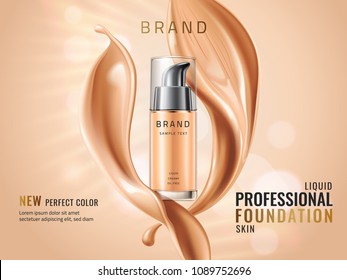 Luxury liquid foundation ads. Glass transparent bottle with liquid creamy texture isolated on glitter bokeh background. Elegant splash of tonal fluid. Vector 3d illustration.