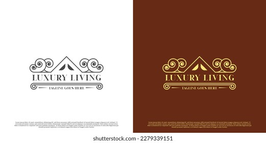 Luxury living logo design illustration. Creative idea line art roof minimalist elegant luxury. Luxurious comfortable home. Luxurious residential buildings for the rich. Old classic vintage design.