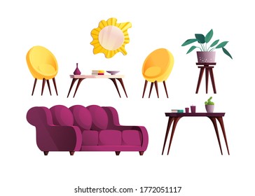 Luxury living room furniture elements. A red sofa and  yellow armchair, mirror, plant in a spot, table. Cartoon vector illustration.