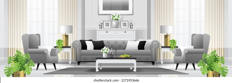 Luxury living room interior background with furniture in classic style , vector , illustration