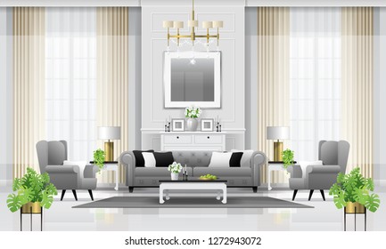 Luxury living room interior background with furniture in classic style , vector , illustration