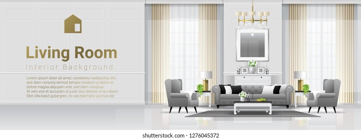 Luxury living room interior background with furniture in classic style , vector , illustration