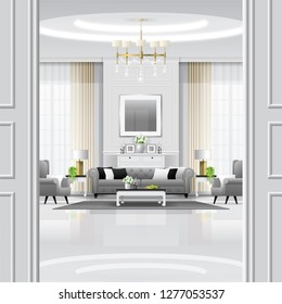 Luxury living room interior background with furniture in classic style , vector , illustration