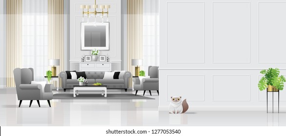 Luxury living room interior background with furniture in classic style , vector , illustration