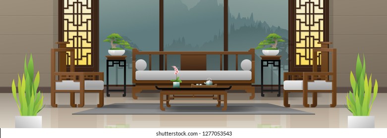 Luxury living room interior background with furniture in Chinese style , vector , illustration