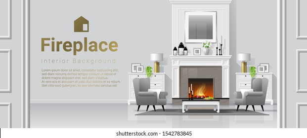 Luxury living room interior background with fireplace and furniture in classic style , vector , illustration