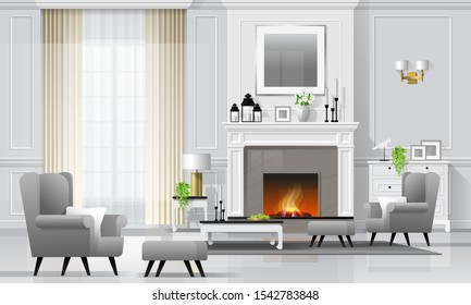 Lujosos interiores con chimenea y muebles de estilo clásico , vectorial , ilustración