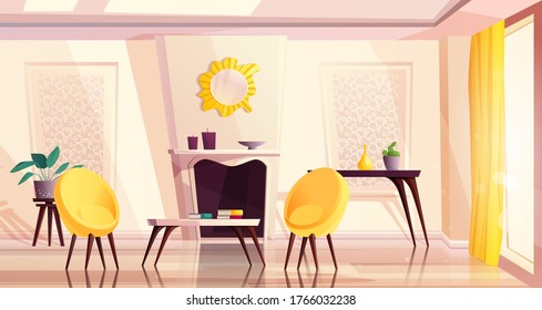 Luxury living room interior in modern style with yellow armchairs, table, fireplace, a window and a curtain. Cartoon vector illustration.