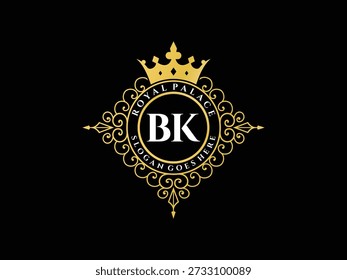 Luxury logo, BK initials, royal palace emblem, ornate crest, golden crown, elegant design, vintage badge, black background, exclusive insignia