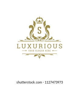 Luxury logo crest template design vector illustration. Royal brand vignette ornaments.
