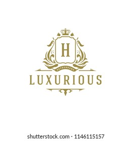 Luxury logo crest template design vector illustration. Royal brand vignette ornaments.
