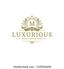 Luxury logo crest template design vector illustration. Royal brand vignette ornaments.