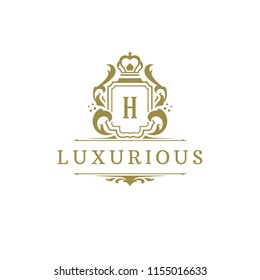 Luxury logo crest template design vector illustration. Royal brand vignette ornaments.