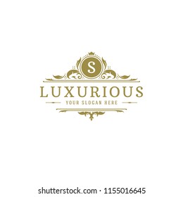 Luxury logo crest template design vector illustration. Royal brand vignette ornaments.