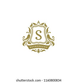 Luxury logo crest template design vector illustration. Royal brand vignette ornaments.
