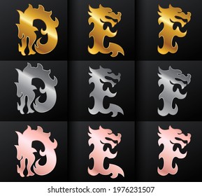 Luxury logo design collection. Golden emblems with dragon initials and floral decorative for branding logo, corporate identity and wedding monogram design.