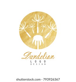 Luxury logo design of dandelion with flying fluffy seeds. Abstract natural label with golden detailed texture. Vector emblem for boutique or beauty salon