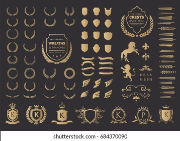 Luxury logo design element set with Crown, Wing, Emblem,Ribbon, Heraldic Monogram, Animal and King Symbol